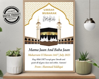 Personalized Umrah Mubarak Print | Islamic Digital Download Kaaba Wall Art | Muslim Home Decor Eid Gift | Mecca Family Umrah Celebration