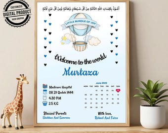 Muslim Baby Birth Announcement | Welcome to the World Newborn Baby Digital Card | Personalized Islamic Baby Boy Announcement Card Editable