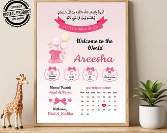 Muslim Baby Birth Announcement | Welcome to the World Newborn Baby Digital Card | Personalized Islamic Baby Girl Announcement Card Editable