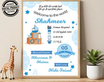 Muslim Baby Birth Announcement | Welcome to the World Newborn Baby Digital Card | Personalized Islamic Baby Boy Announcement Card Editable