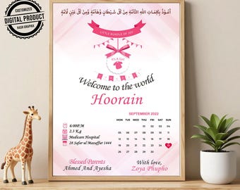 Muslim Baby Birth Announcement | Welcome to the World Newborn Baby Digital Card | Personalized Islamic Baby Girl Announcement Card Editable