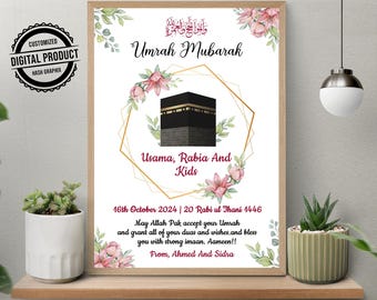 Personalized Umrah Mubarak Print | Islamic Digital Download Kaaba Wall Art | Muslim Home Decor Eid Gift | Mecca Family Umrah Celebration