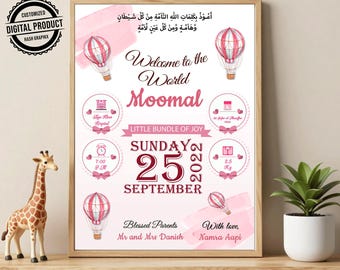 Muslim Baby Birth Announcement | Welcome to the World Newborn Baby Digital Card | Personalized Islamic Baby Girl Announcement Card Editable