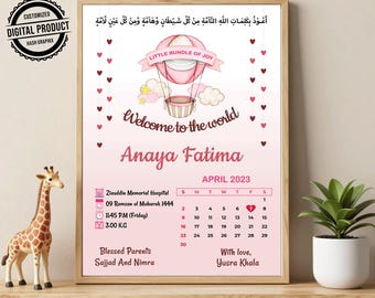 Muslim Baby Birth Announcement | Welcome to the World Newborn Baby Digital Card | Personalized Islamic Baby Girl Announcement Card Editable
