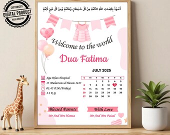 Muslim Baby Birth Announcement | Welcome to the World Newborn Baby Digital Card | Personalized Islamic Baby Girl Announcement Card Editable