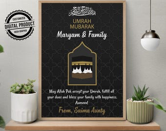 Personalized Umrah Mubarak Print | Islamic Digital Download Kaaba Wall Art | Muslim Home Decor Eid Gift | Mecca Family Umrah Celebration