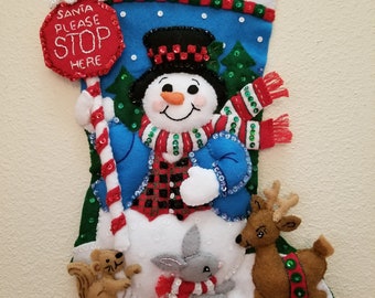 Bucilla STOP HERE, SANTA, Completed, Personalized Christmas Stocking