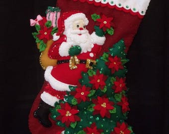 18 inch, SANTA DECORATING TREE with Poinsettas, Personalized Stocking