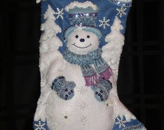 SNOWFLAKE SNOWMAN, 18 inch,personalized, Christmas Stocking with LOTS of extra glitter