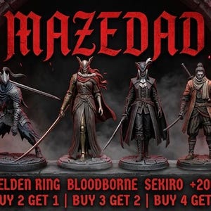 May include: A collection of eight detailed fantasy character figurines standing on a stone ledge. The text MAZEDAD is centered above, with DARK SOULS ELDEN RING BLOODBORNE SEKIRO +200 GB STL PACK and promotional buy offers printed in red below the figures.