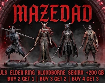 Op de afbeelding: Een verzameling van acht gedetailleerde fantasy-figuren op een stenen richel. De tekst MAZEDAD staat in het midden bovenaan, met DARK SOULS ELDEN RING BLOODBORNE SEKIRO +200 GB STL PACK en promotionele aanbiedingen in rode letters eronder.