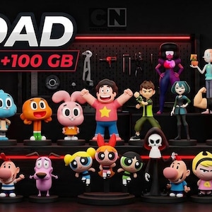 Puede incluir: Una colección de pequeñas figuras de personajes de Cartoon Network dispuestas en estantes. El texto MAZEDAD CARTOON NETWORK +100 GB aparece arriba a la izquierda, con el texto promocional BUY 2 GET 1, BUY 3 GET 2 y BUY 4 GET 3 arriba a la derecha.