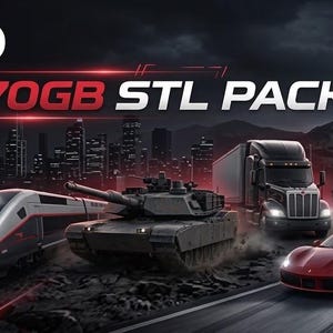 May include: A digital collection titled MAZEDAD VEHICLES + 470GB STL PACK featuring various 3D models including a fighter jet, helicopter, warship, submarine, high-speed train, tank, semi-truck, dump truck, sports car, motorcycle, and rocket.
