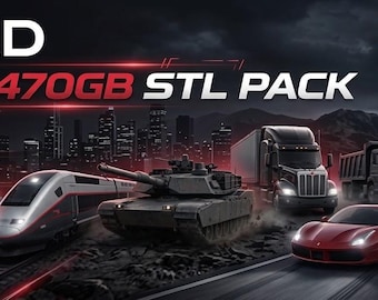 May include: A digital collection titled MAZEDAD VEHICLES + 470GB STL PACK featuring various 3D models including a fighter jet, helicopter, warship, submarine, high-speed train, tank, semi-truck, dump truck, sports car, motorcycle, and rocket.
