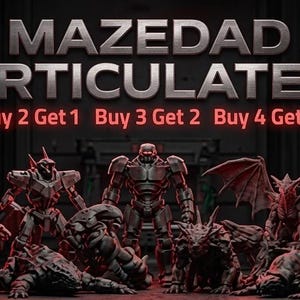 Puede incluir: Una colección de figuras articuladas de monstruos y robots de color gris oscuro dispuestas en fila. El texto MAZEDAD ARTICULATED aparece en la parte superior, con el texto promocional Buy 2 Get 1, Buy 3 Get 2 y Buy 4 Get 3 en rojo.