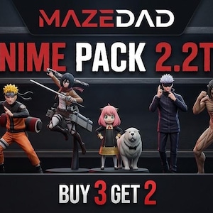 Può includere: Un banner promozionale digitale per MAZEDAD ANIME PACK 2.2TB che mostra una collezione di dieci statuette di personaggi anime su scaffali. Il testo include offerte promozionali: BUY 2 GET 1, BUY 3 GET 2 e BUY 4 GET 3 in rosso e bianco.