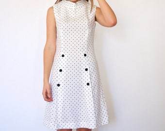 70s White Black Polka Dot Sailor Buttons Shift Dress s m