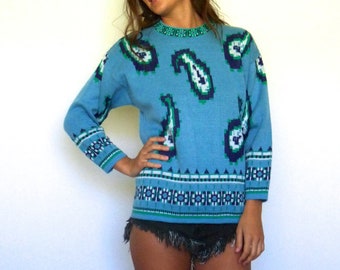 60s Nordic Blue Pixelated Paisley Print Sweater xs s m