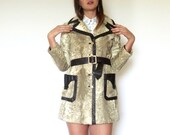 70s Lilli Ann Tan Faux Fur Leather Trim Belted A-Line Coat s