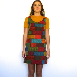 60s Retro Tapestry Patchwork Bricks Babydoll Mini Dress xs s image 2