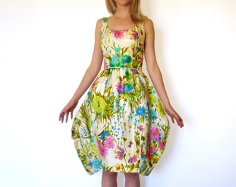 50s Silk Watercolor Floral Bombshell Bubble Dress xxs xs 24 25