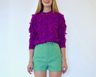 80s Pink Purple Space Dye Fringe Patch Crew Neck Sweater xxs xs s