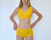60s Mod Vibrant Mustard Yellow Boy Short Two Piece Bikini Swimsuit xs s