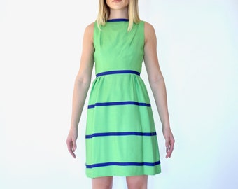 60s Preppy Lanz Lime Green Striped Wrap Back Structured Dress s m