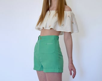 60s Lime Green Mod High Waist Polyester Cuffed Hot Shorts xs s