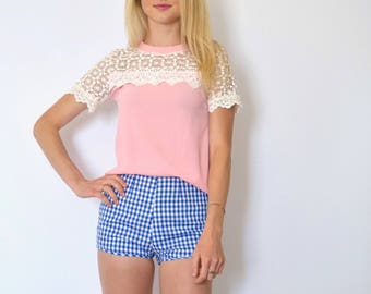 60s Baby Pink Silky Lace Yoke Short Sleeve Blouse xxs xs