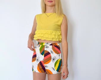 60s Mod Colorful Geometric Novelty Print High Waist Cotton Shorts xs