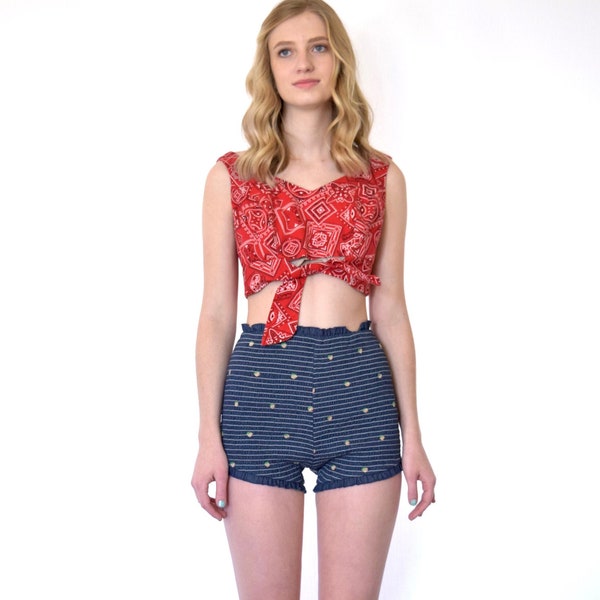 60s Red Bandana Printed Cotton Cropped Tie Up Sun Top s m small medium