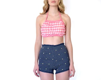 70s Deadstock Kitsch Pink Gingham Soft Cotton Halter Crop Sun Top xs s