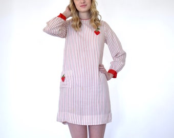 60s Red Cream Vertical Striped Strawberry Appliqué Canvas Mini Shift Dress xs s extra small 2 4