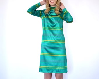 60s Shiny Teal Gold Striped Sporty Turtleneck Space Age Dress xs s extra small 0 2 4