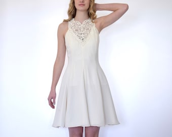 90s Ivory Sleeveless Caged Back Fit and Flare Flouncy Chiffon Ice Skater Dress xs s