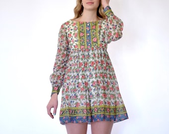 60s Renaissance Rose Long Sleeve Cotton Babydoll Mini Dress xxs xs