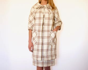 60s Edith Flagg Brown Cream Dotted Plaid Coat Dress Set xs s m