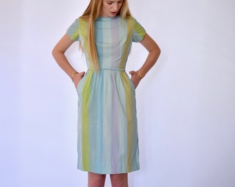 60s Pastel Candy Striped Short Sleeve Wiggle Pencil Dress xs