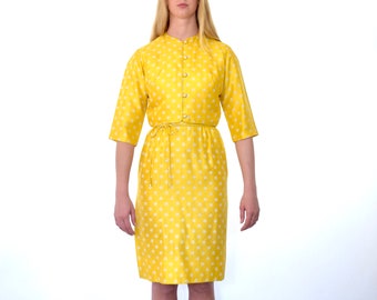 60s Shiny Yellow White Silk Polka Dot Wiggle Dress Cropped Jacket Set s m