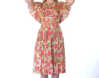 50s Henri Bendel Bright Floral Accordion Pleat Fit Flare Cape Sleeve Midi Dress s m