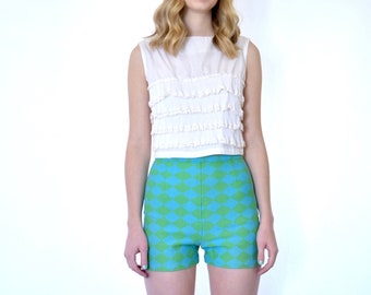 60s Mod Color Block Geometric Harlequin Printed High Waist Canvas Shorts xs