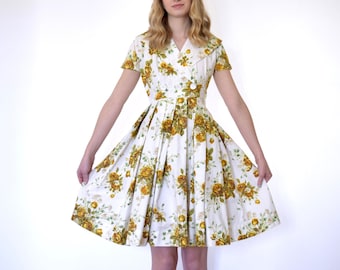 50s Yellow Rose Printed Pique Cotton Shawl Collar Structured Pleated Full Skirt Dress xxs xs