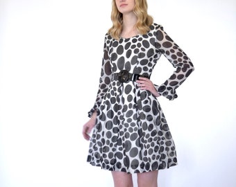 60s Black White Geometric Polka Dot Gauzy Cotton Babydoll Mini Dress xs s extra small 0 2 4