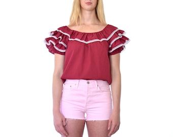 70s Malco Modes Maroon Ruffle Short Sleeve Cotton Lace Trimmed Peasant Top xs s m