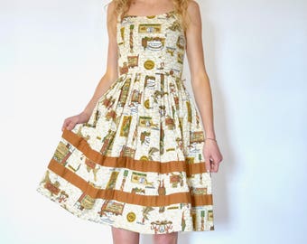 50s Novelty Old Timey Town Illustration Print Fitted Pleat Dress xxs