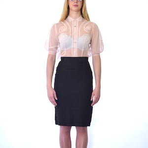80s Black Crepe Tiered Bandage High Waisted Knee Length Pencil Skirt s m