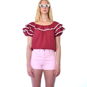 Jaren 70 Malco Modi Kastanjebruine Ruche Korte Mouw Katoen Kant Getrimd Boeren Top xs s m