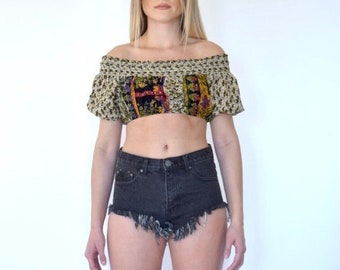 70s Mixed Print Off The Shoulder Puff Sleeve Crop Midriff Bralette Top xs s m