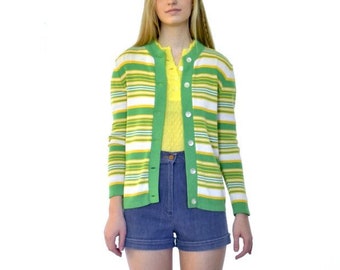 70s Retro Kelly Green and Yellow Striped Preppy Golf Cardigan xxs xs s